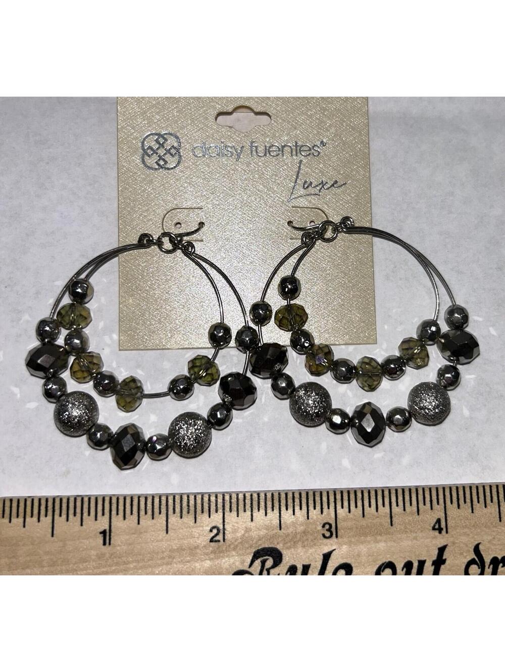 Daisy Fuentes Luxe beaded silver hoop earrings, textured & crystal beads 2"